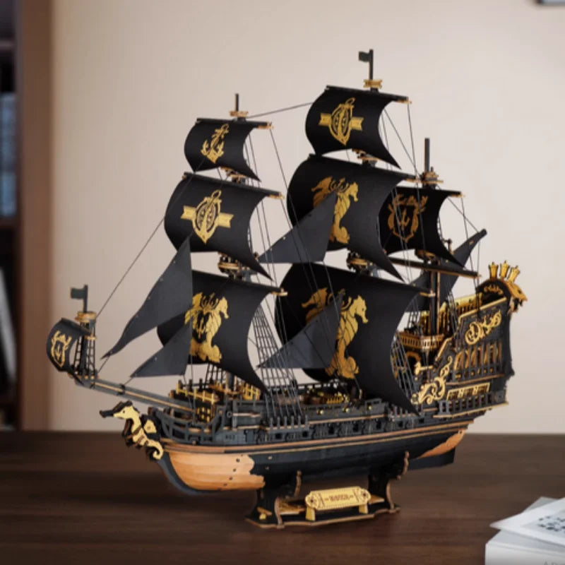3D wooden sailing barque puzzle, DIY plywood model kit for home desk decor