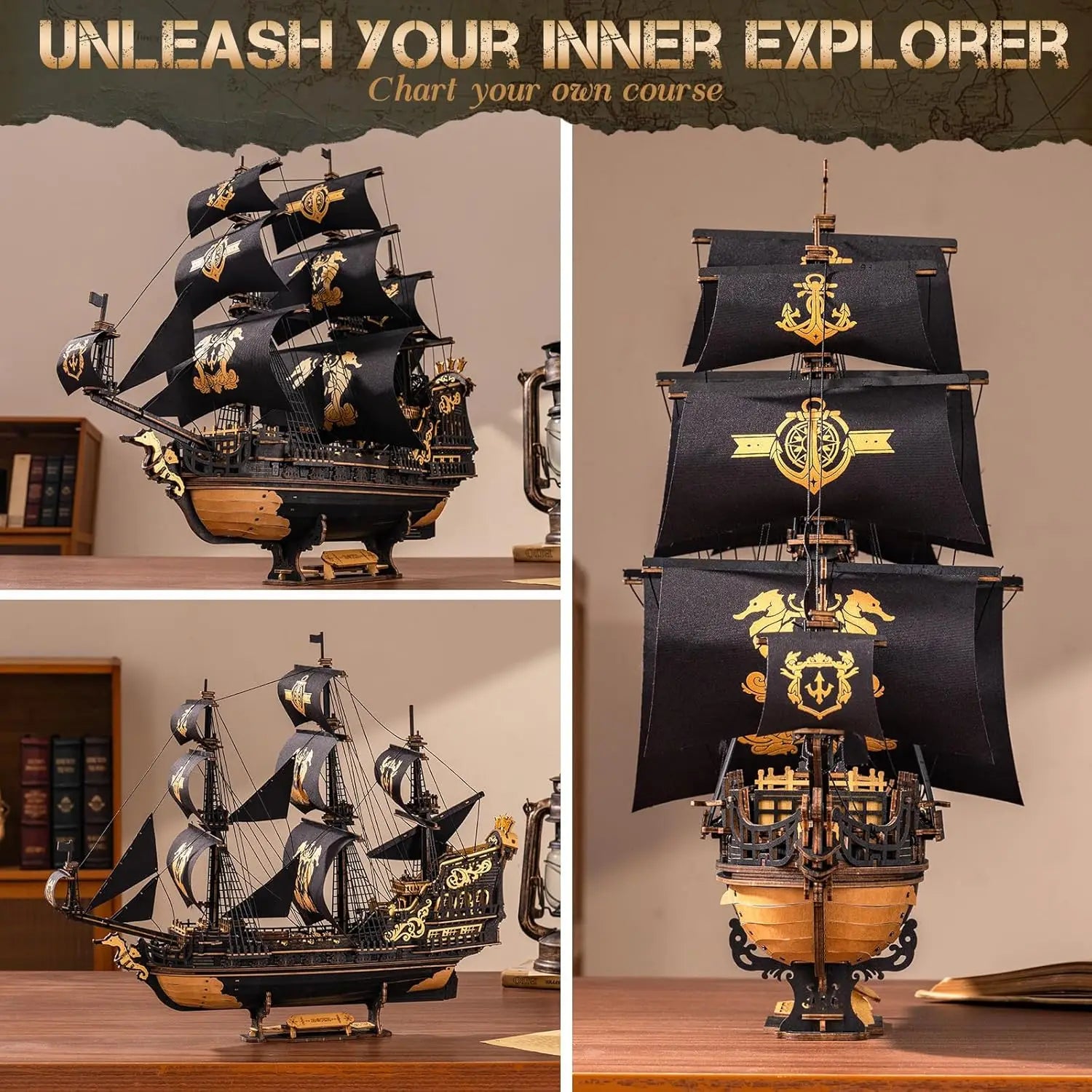 3D wooden sailing barque puzzle, DIY plywood model kit for home desk decor