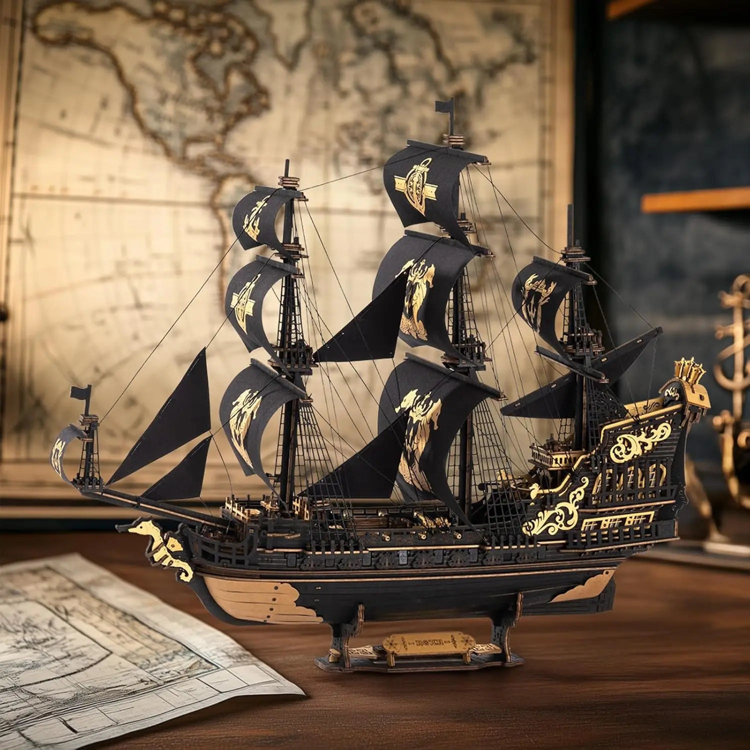 3D wooden sailing barque puzzle, DIY plywood model kit for home desk decor