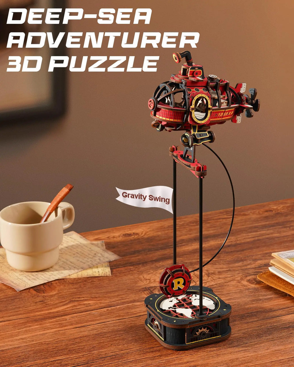 3D wooden submarine puzzle with kinetic gravity pendulum motion, desk decor model kit