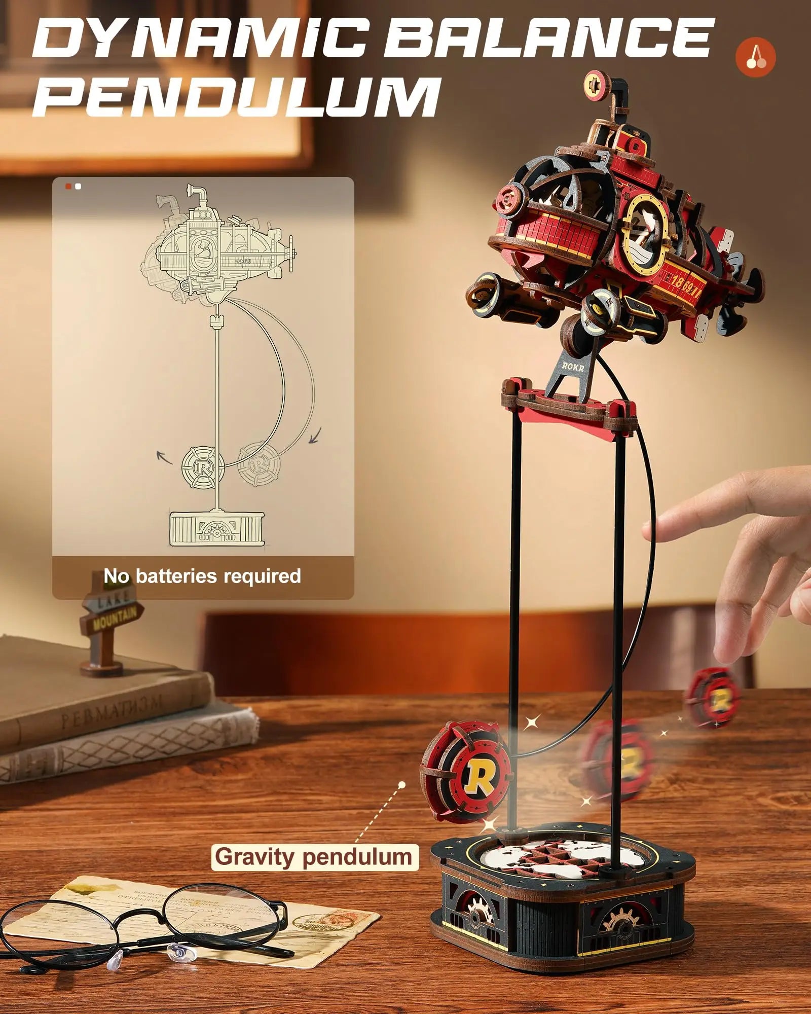 3D wooden submarine puzzle with kinetic gravity pendulum motion, desk decor model kit