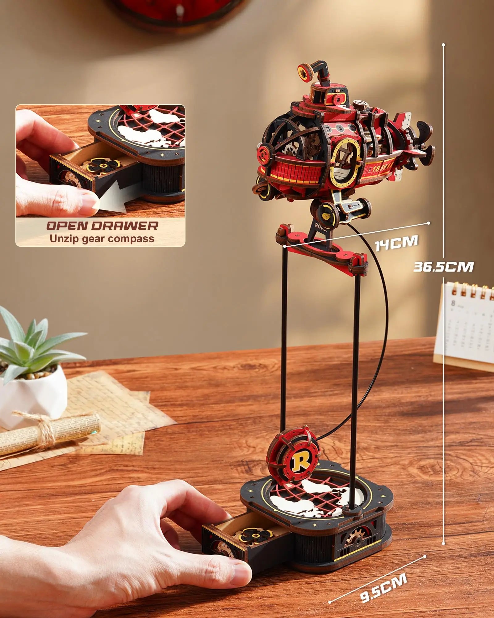 3D wooden submarine puzzle with kinetic gravity pendulum motion, desk decor model kit