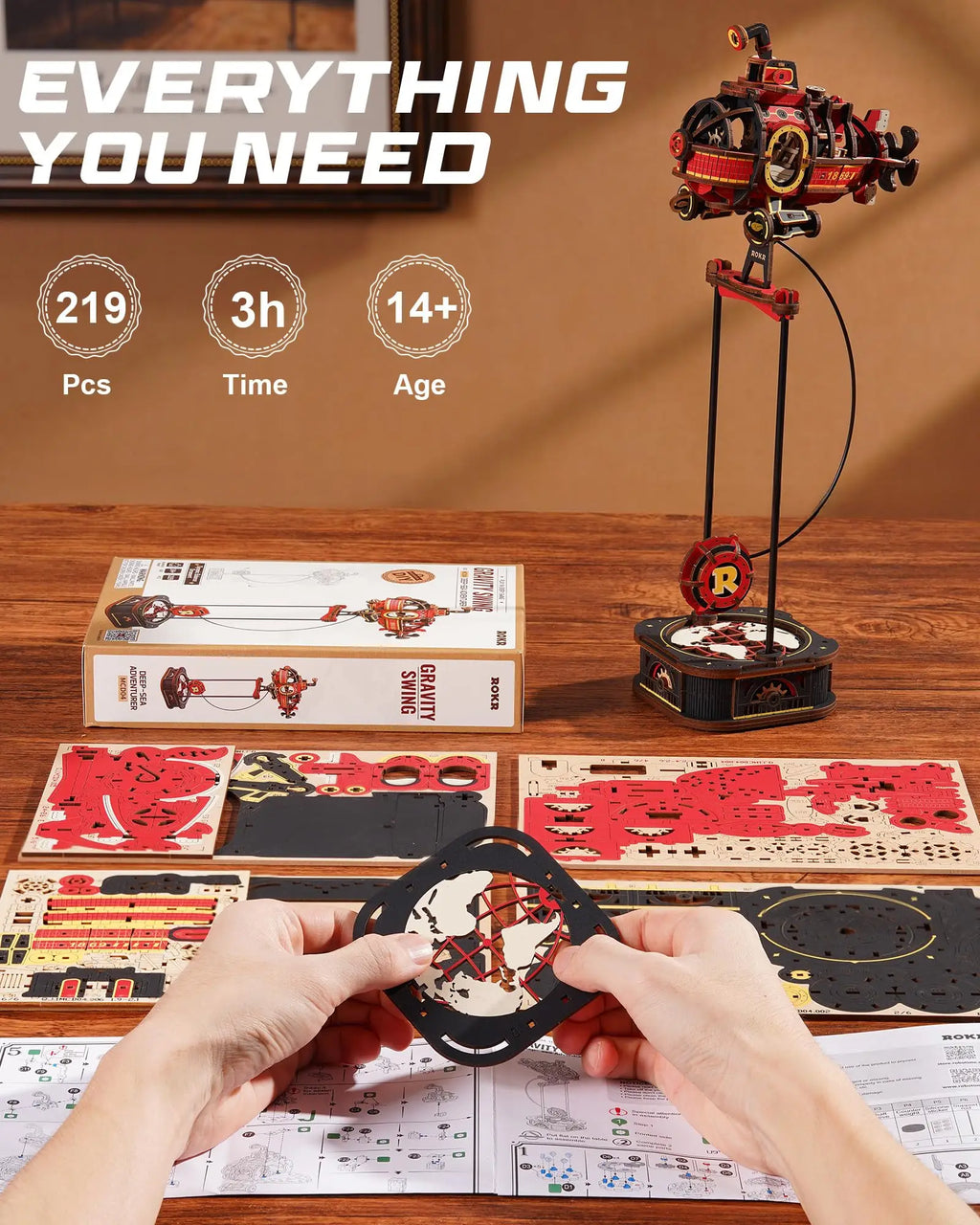 3D wooden submarine puzzle with kinetic gravity pendulum motion, desk decor model kit