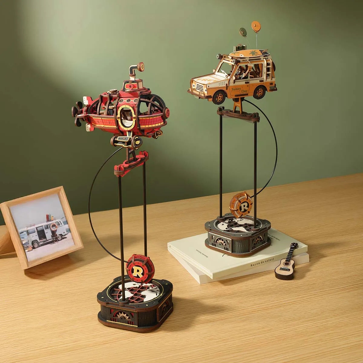 3D wooden submarine puzzle with kinetic gravity pendulum motion, desk decor model kit