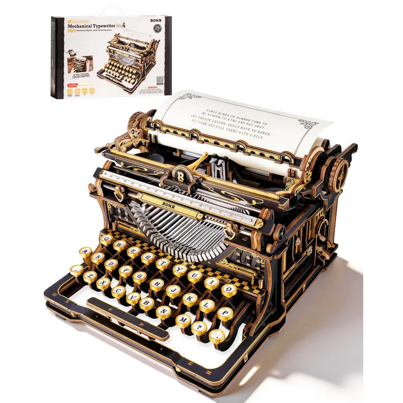 Black and gold 3D wooden typewriter puzzle, mechanical model kit desk display for adults