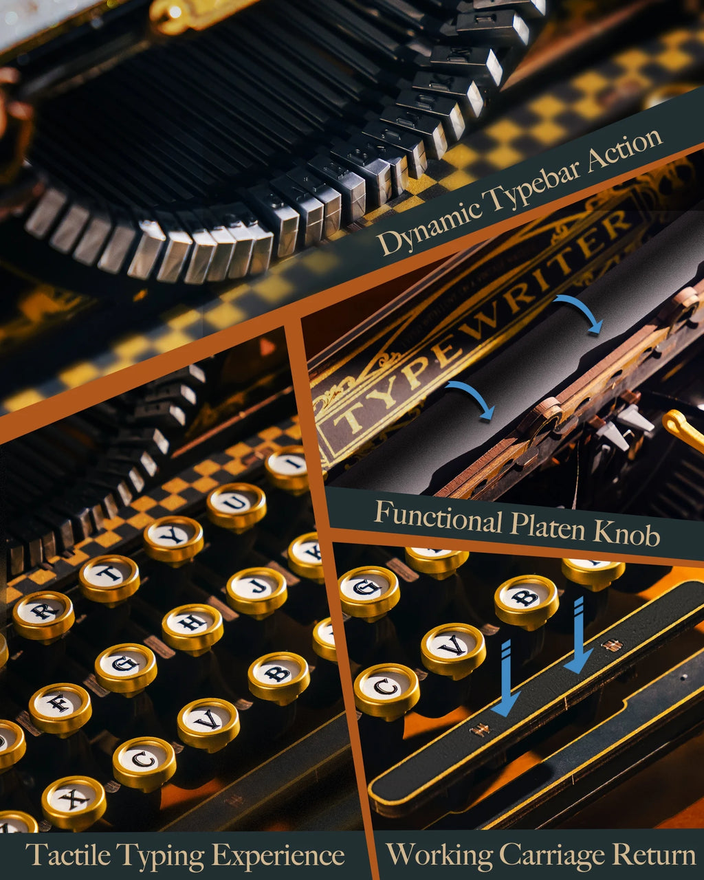 Black and gold 3D wooden typewriter puzzle, mechanical model kit desk display for adults