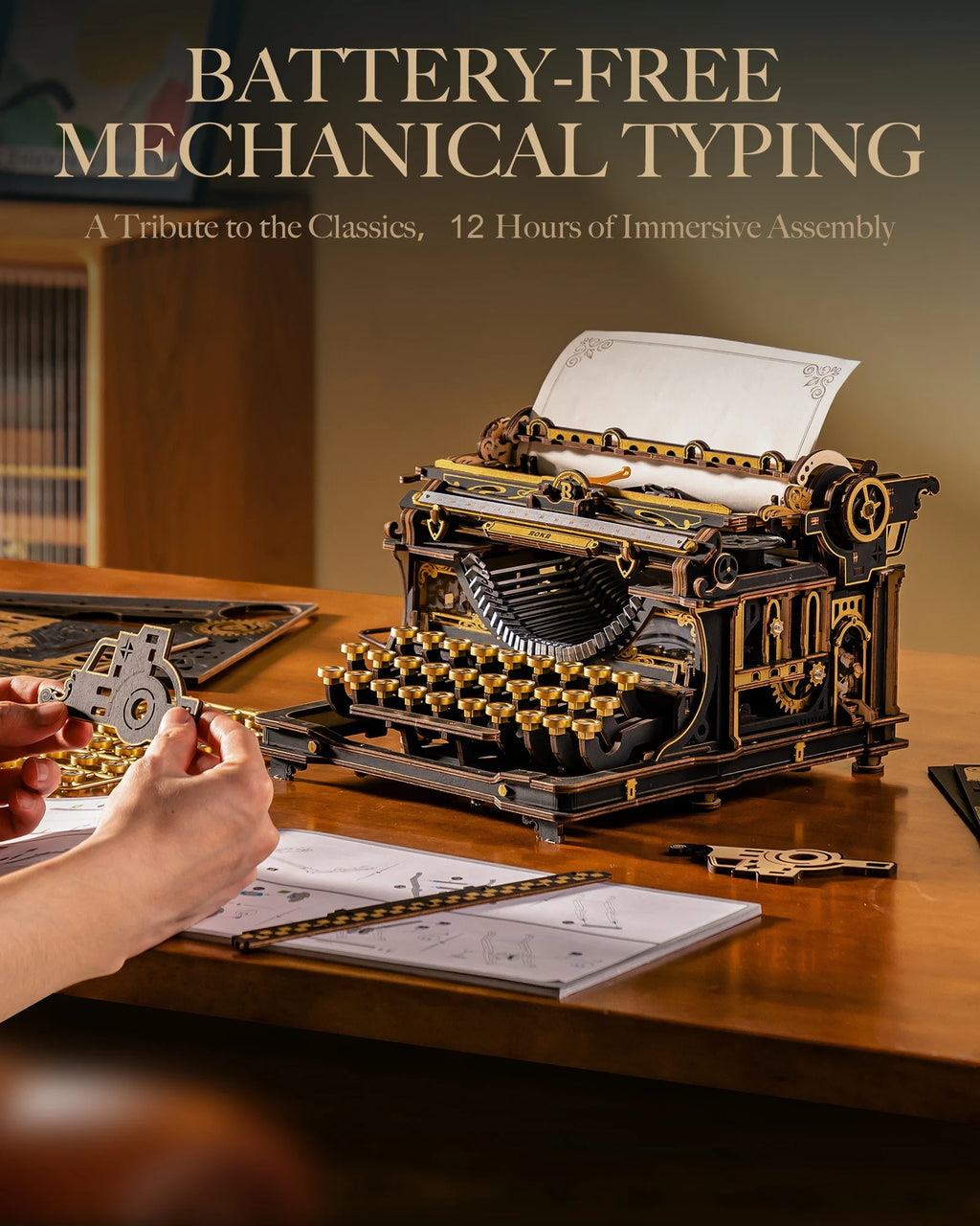 Black and gold 3D wooden typewriter puzzle, mechanical model kit desk display for adults