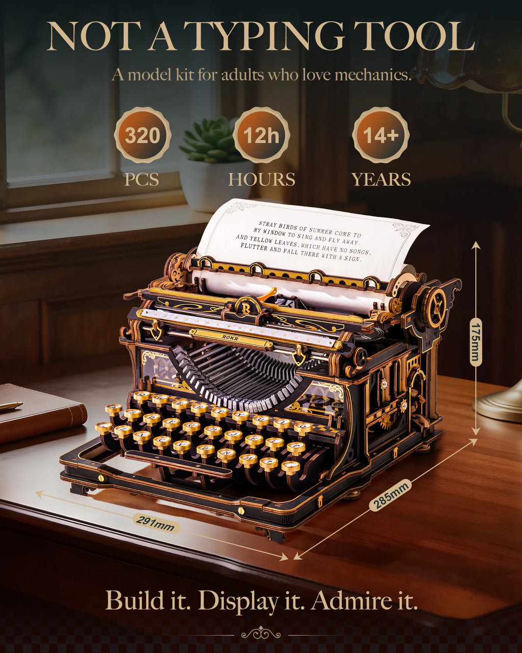 Black and gold 3D wooden typewriter puzzle, mechanical model kit desk display for adults