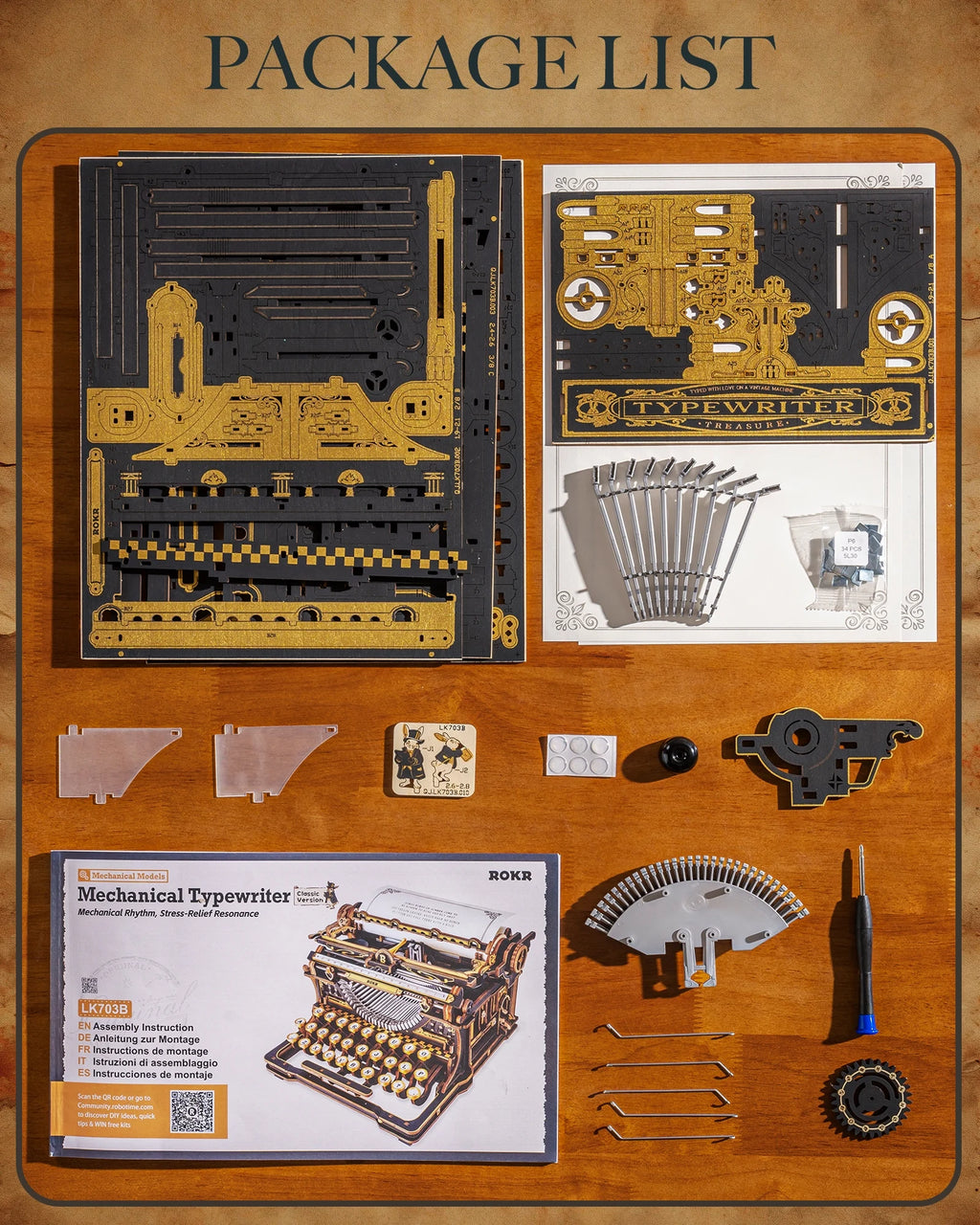 Black and gold 3D wooden typewriter puzzle, mechanical model kit desk display for adults