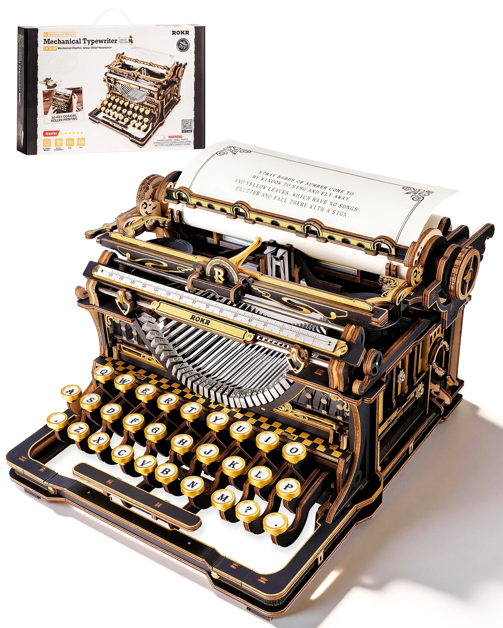 Black and gold 3D wooden typewriter puzzle, mechanical model kit desk display for adults
