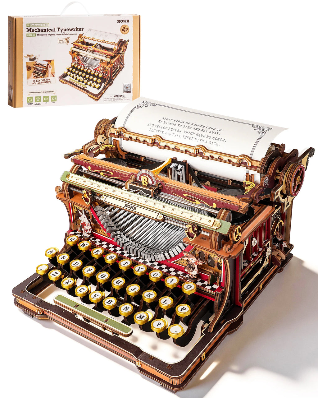 Black and gold 3D wooden typewriter puzzle, mechanical model kit desk display for adults