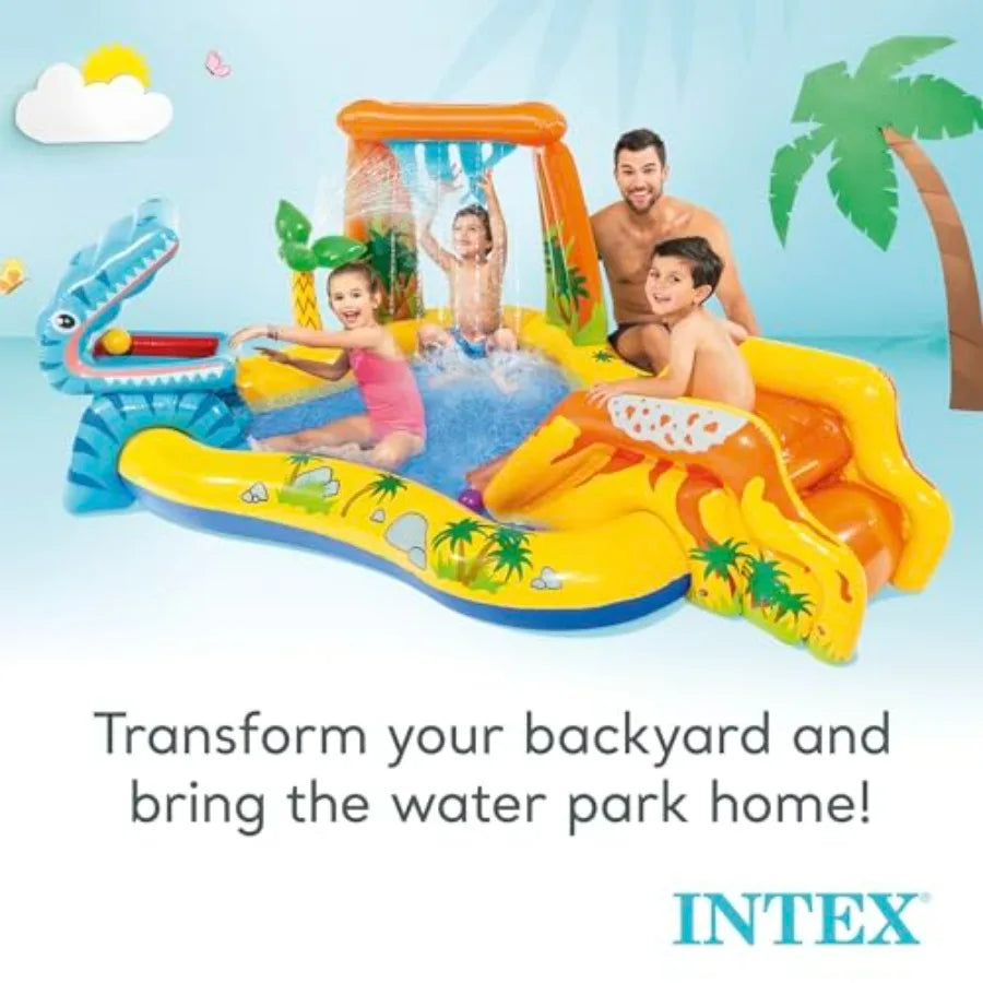 Inflatable Dinosaur Play Center Outdoor Playhouse Inflatable Water Park with Kid Pool Slide Water Sprayer Waterfall and 6 Balls
