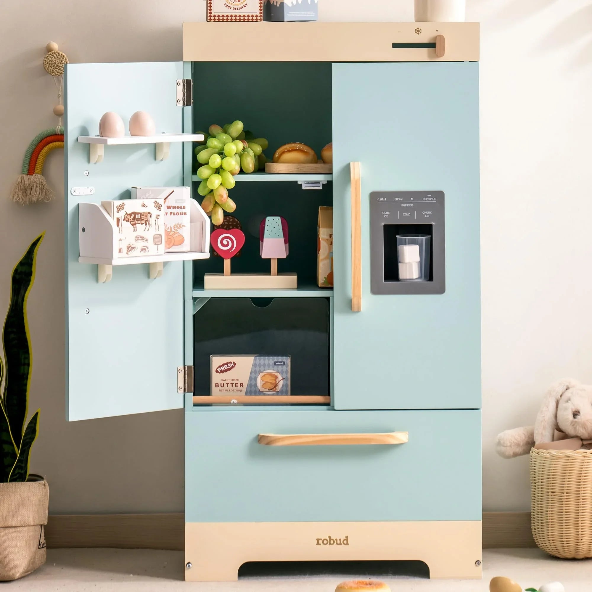 Robotime Robud Play Kitchen Fridge Refrigerator with Ice Dispenser Wooden Kids Play Kitchen Playset Toy for Ages 3+Blue