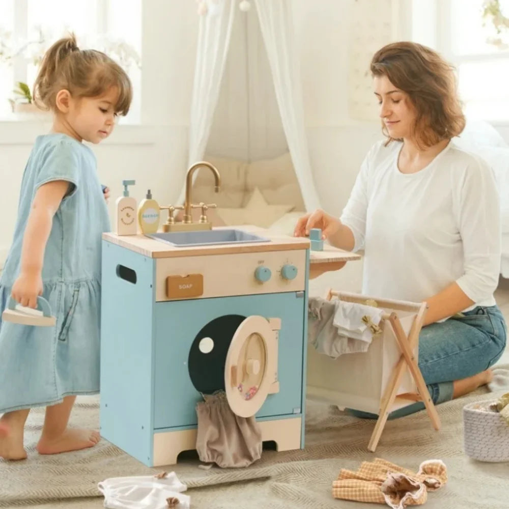 Robotime Robud Kitchen Washer Playset Pretend Play Toy Washing Machine with Clothes Basket Iron and Sink for Kids Age 3+Blue