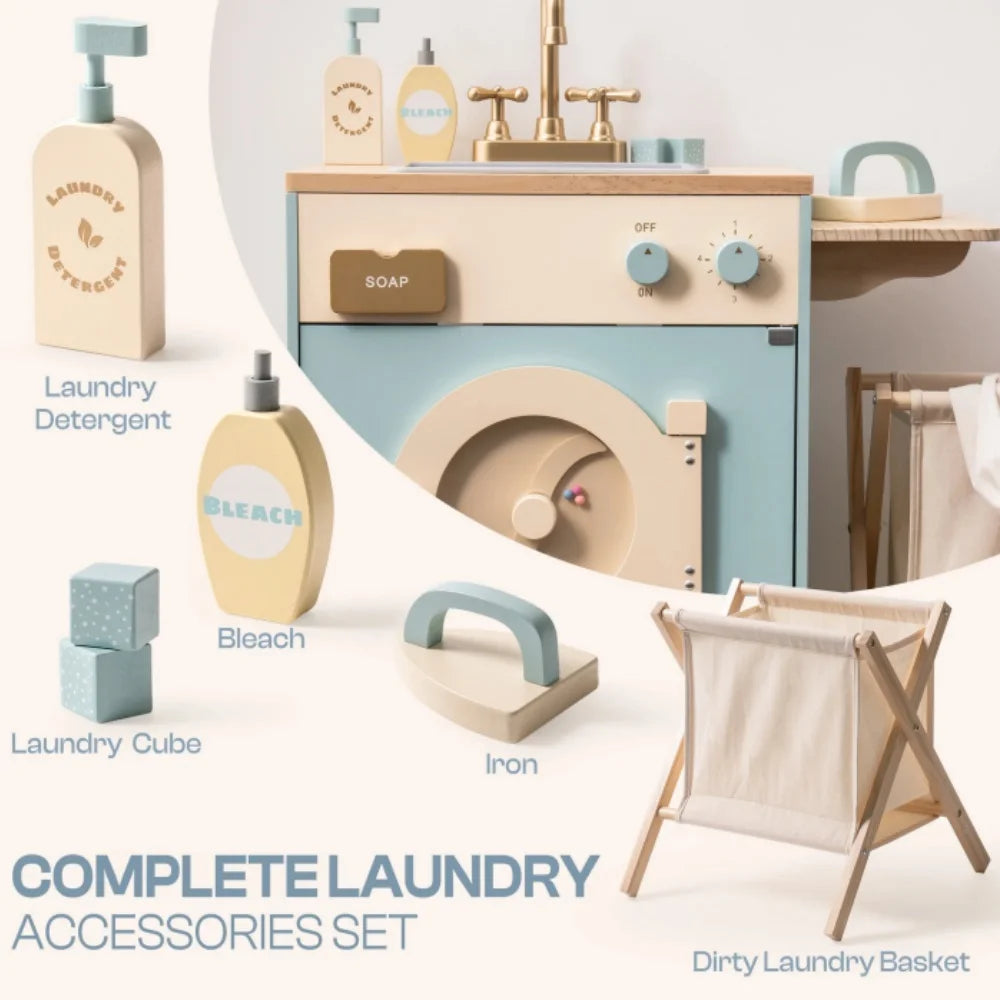Robotime Robud Kitchen Washer Playset Pretend Play Toy Washing Machine with Clothes Basket Iron and Sink for Kids Age 3+Blue