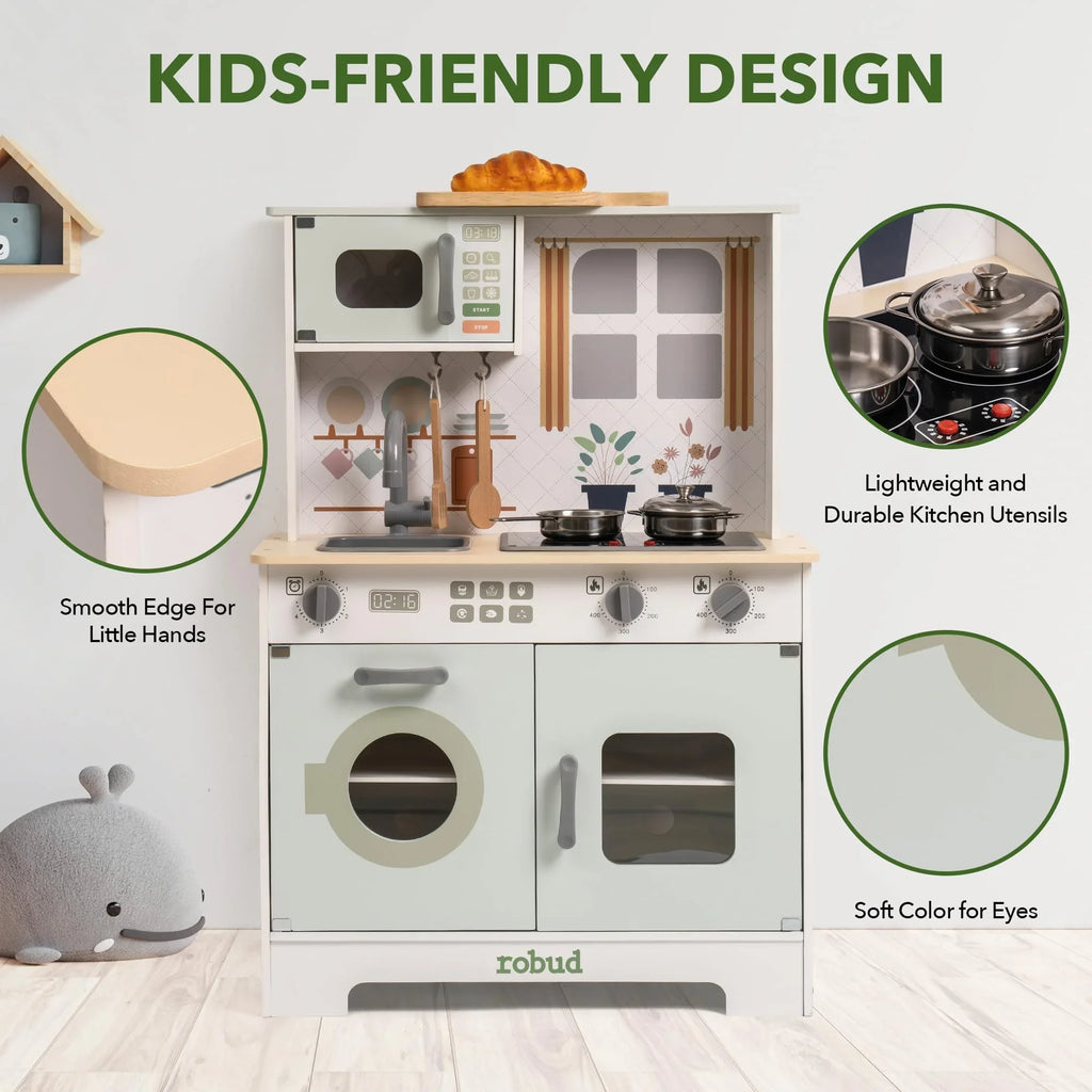 Robotime Robud Play Kitchen Wooden Play Kitchen Set Pretend Playset w/ Lights & Sounds Gift for Girls Boys Age 3+ Light Green