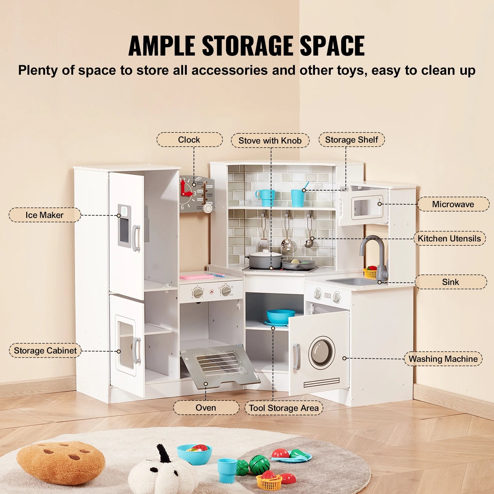 SucceBuy Corner Wooden Play KitchenToys Set Children Kitchenware toys with Lights & Sounds for Kids Preschoolers Girls Gifts