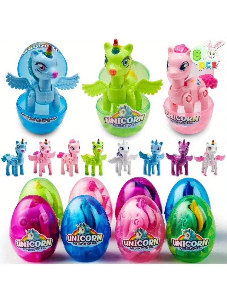 JOYFY 8 Pcs Easter Basket Stuffers with Unicorn Deformation Toys 3.5" Easter Exchange Toy for Toddlers Party Favor