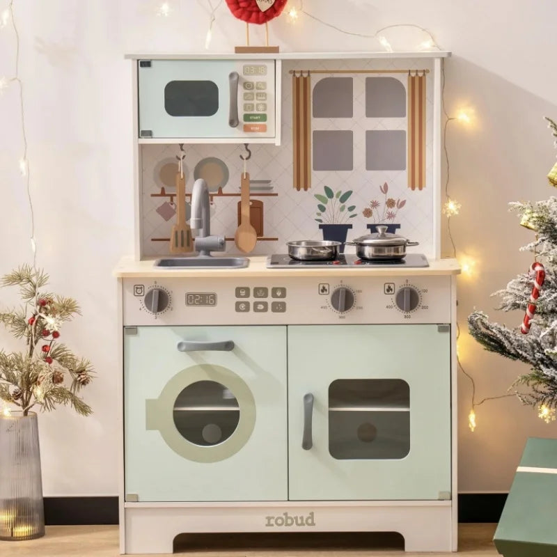 Robotime Robud Play Kitchen Wooden Play Kitchen Set Pretend Playset w/ Lights & Sounds Gift for Girls Boys Age 3+ Light Green
