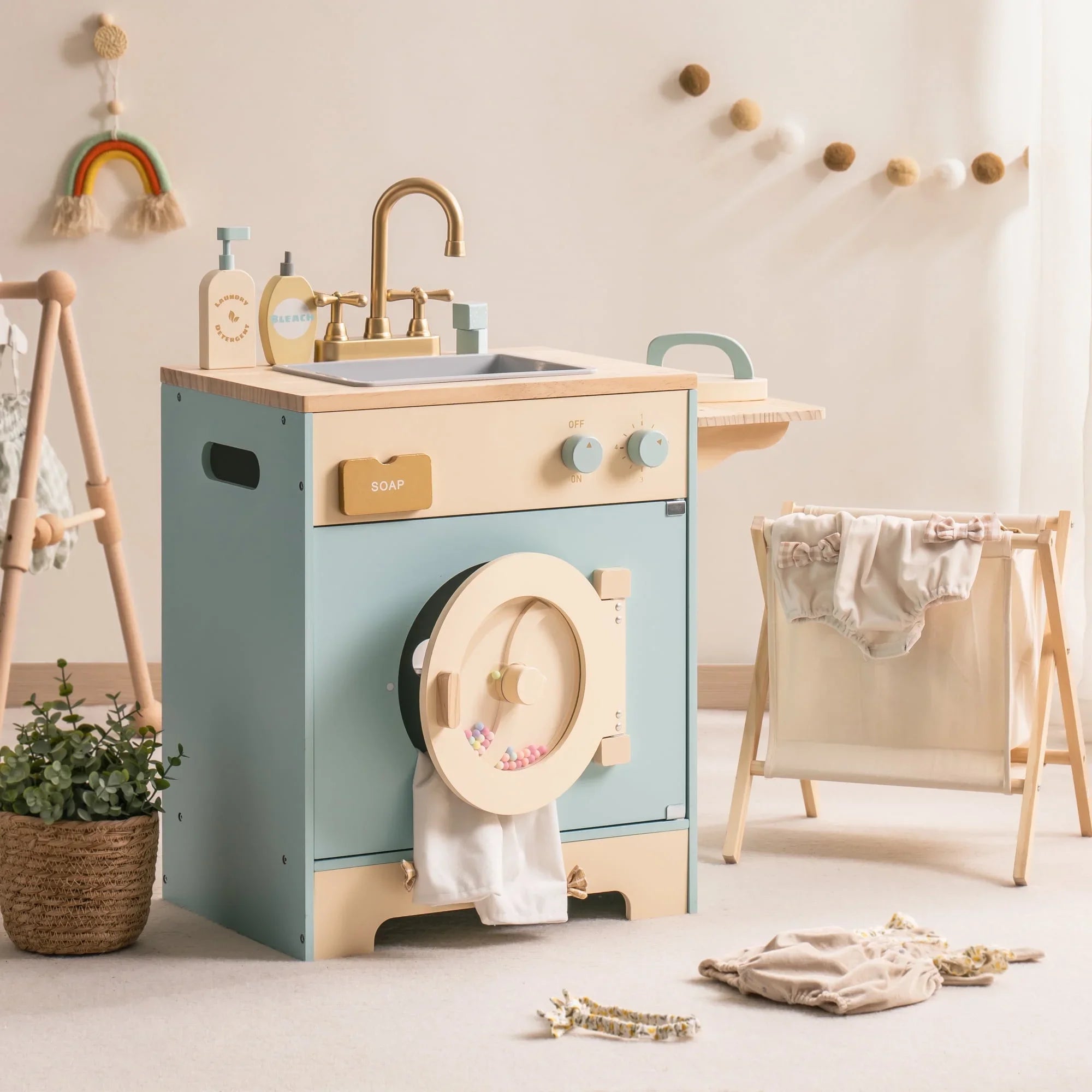 Robotime Robud Kitchen Washer Playset Pretend Play Toy Washing Machine with Clothes Basket Iron and Sink for Kids Age 3+Blue