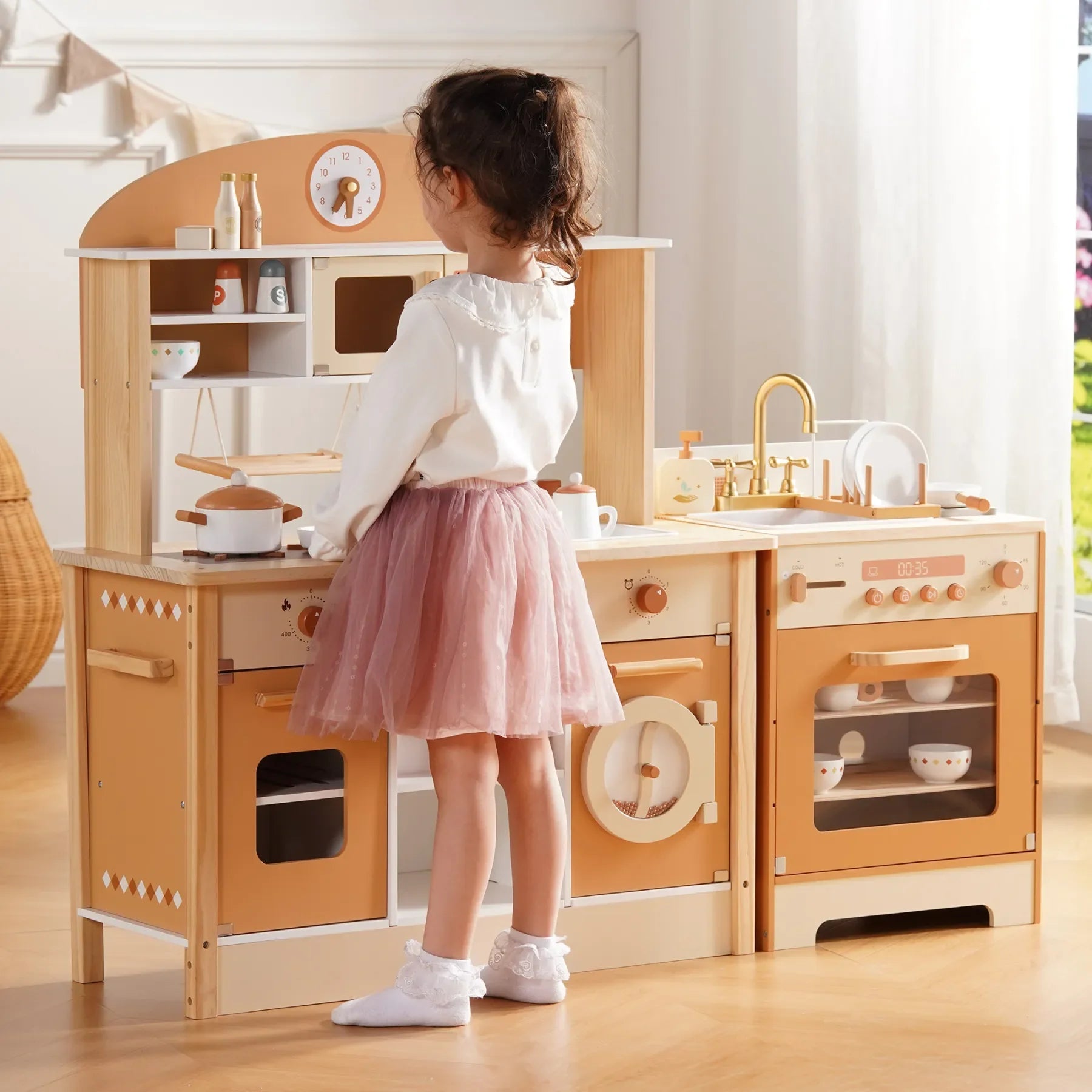 Robotime Wooden Play Kitchen Kids Kitchen Playset Washing Machine Dishwasher Toddler Kitchen Playset Gift for Boys Girls Caramel