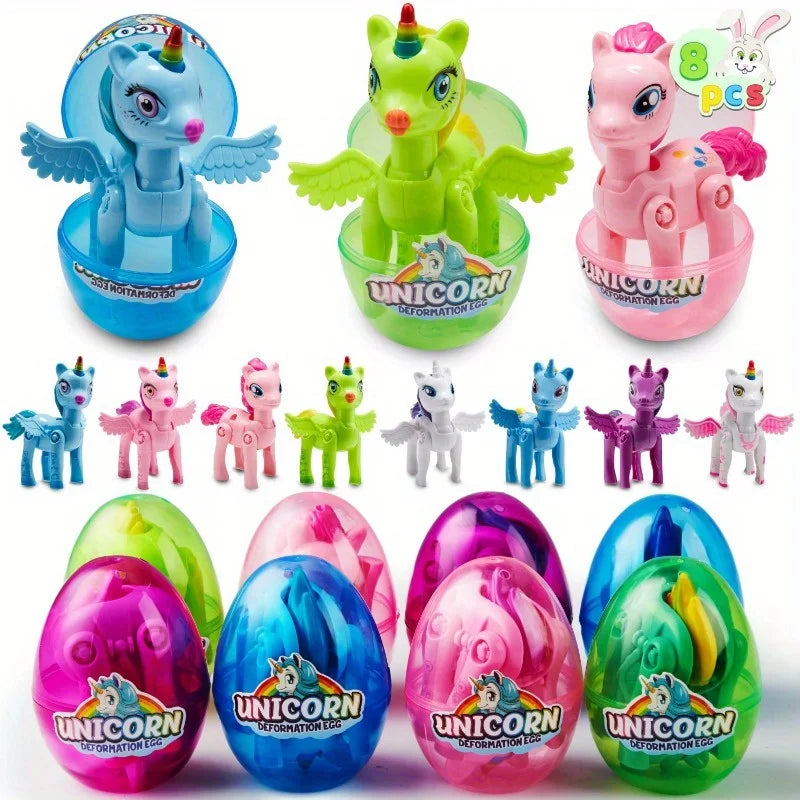 JOYFY 8 Pcs Easter Basket Stuffers with Unicorn Deformation Toys 3.5" Easter Exchange Toy for Toddlers Party Favor