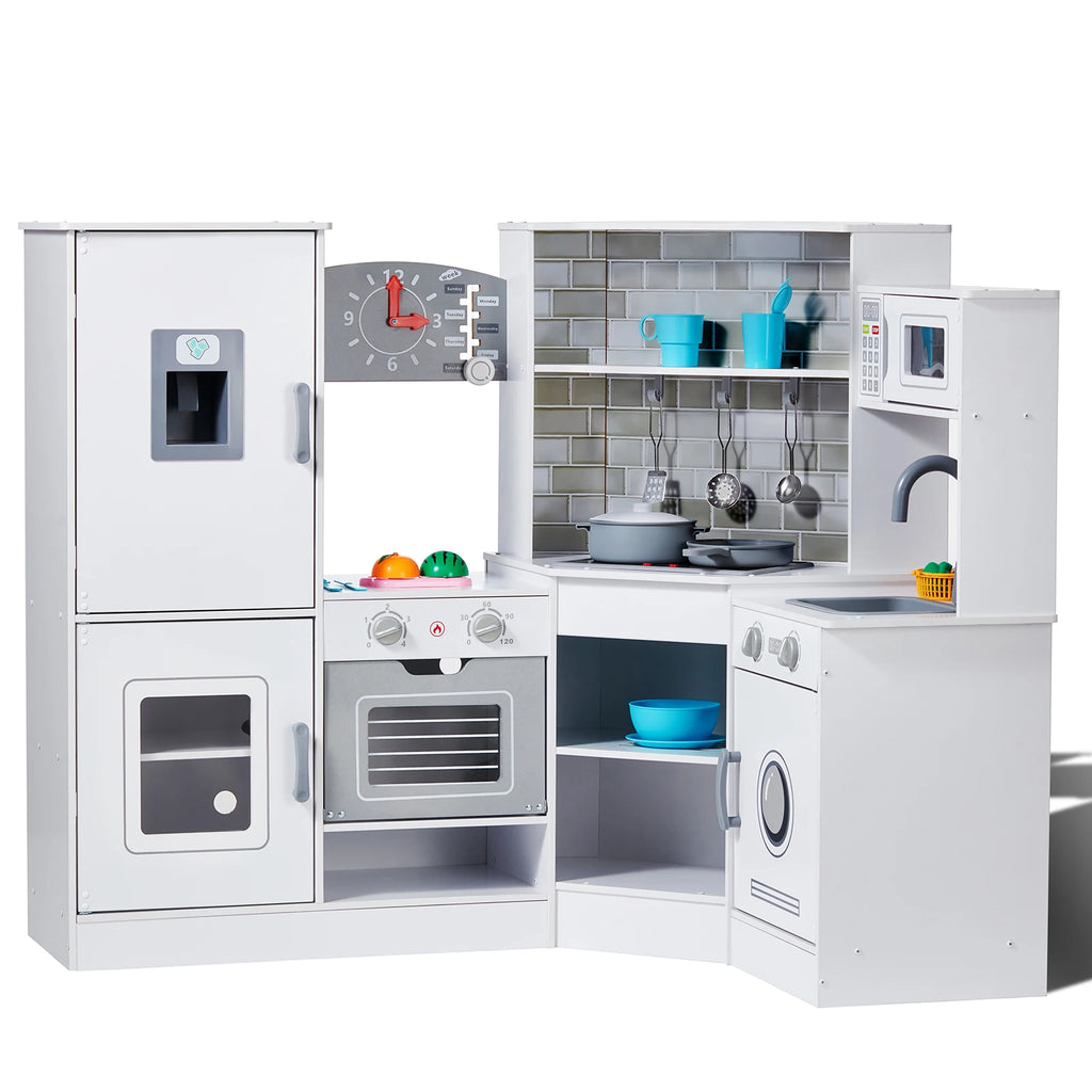 SucceBuy Corner Wooden Play KitchenToys Set Children Kitchenware toys with Lights & Sounds for Kids Preschoolers Girls Gifts