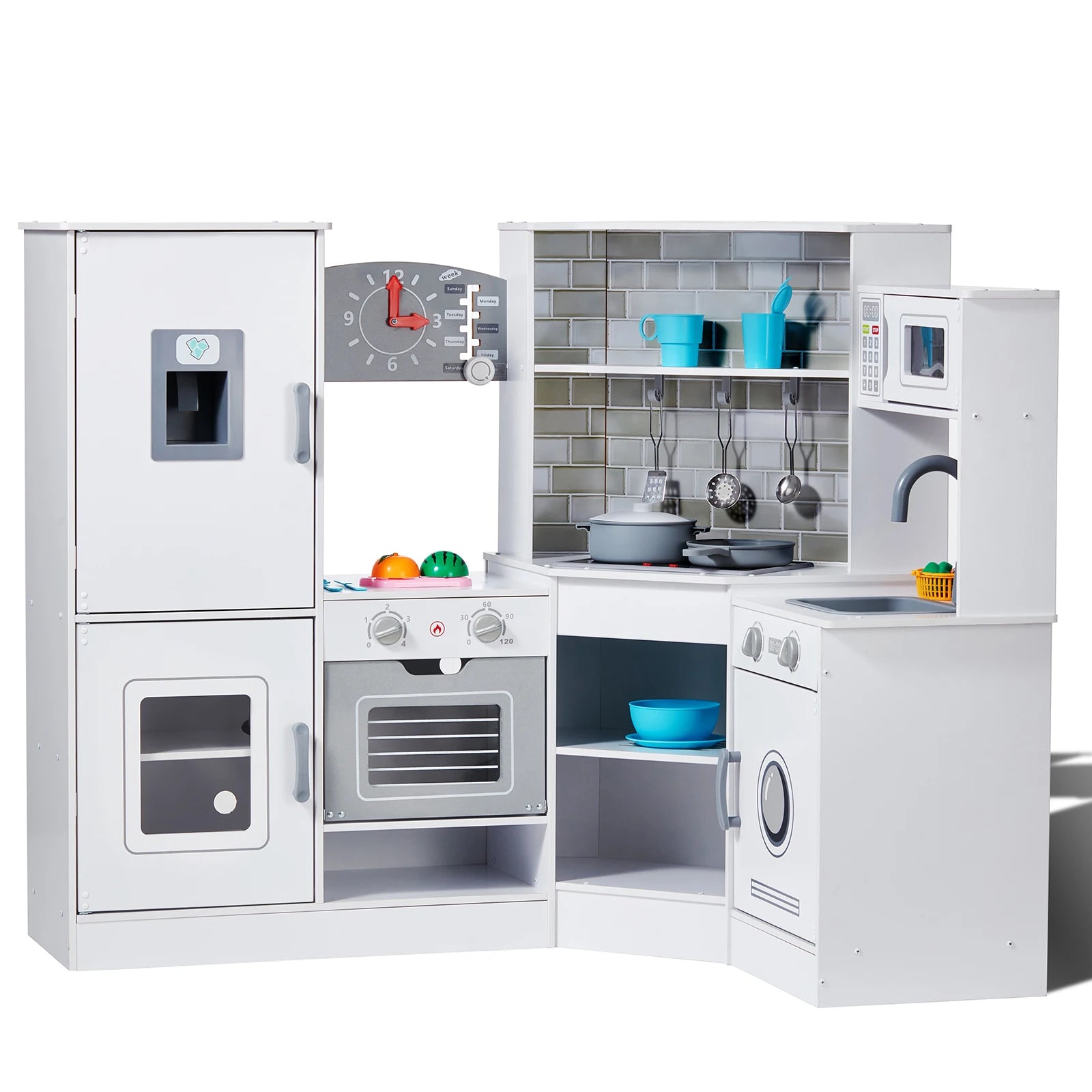 SucceBuy Corner Wooden Play KitchenToys Set Children Kitchenware toys with Lights & Sounds for Kids Preschoolers Girls Gifts