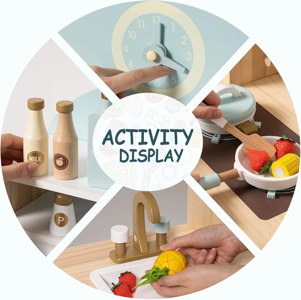 Robotime Robud Wooden Kitchen for Kids Play Kitchen with Plenty of Play Features Toddler Kitchen Set Gift for Girls Boys 3+