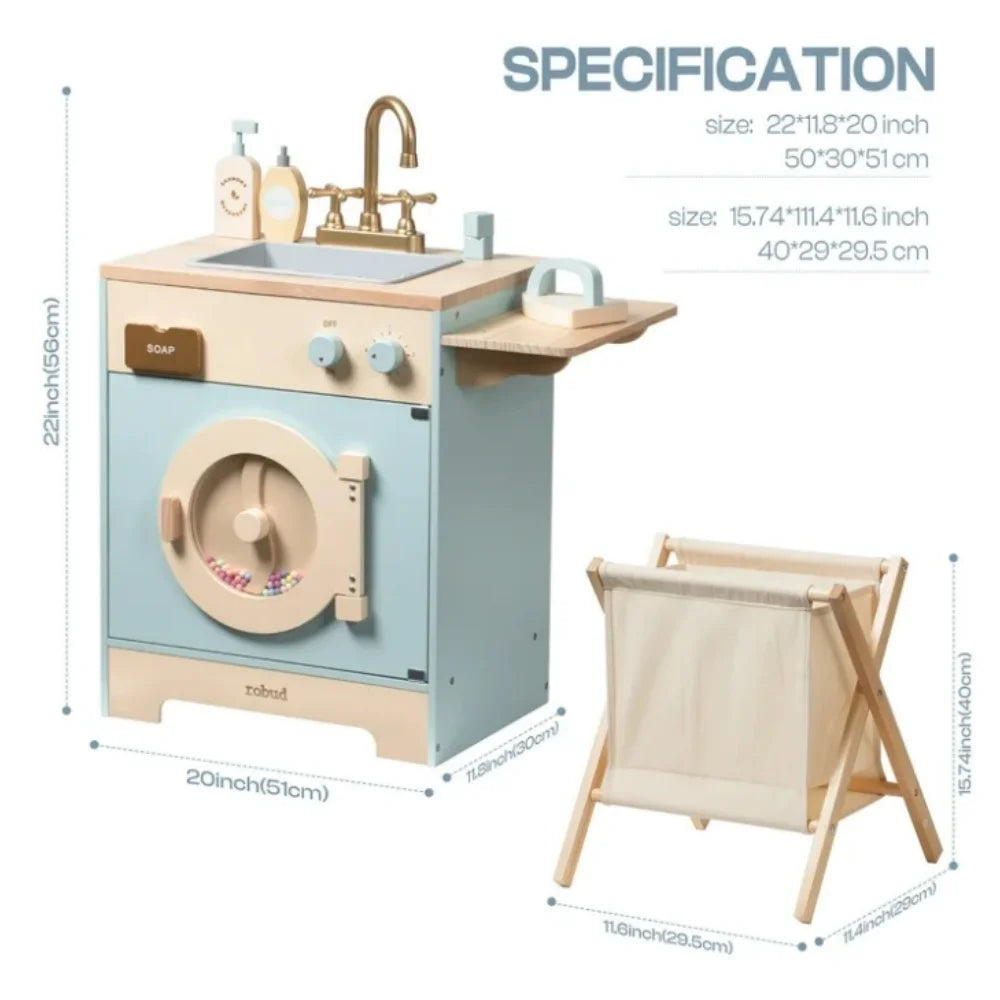 Robotime Robud Kitchen Washer Playset Pretend Play Toy Washing Machine with Clothes Basket Iron and Sink for Kids Age 3+Blue