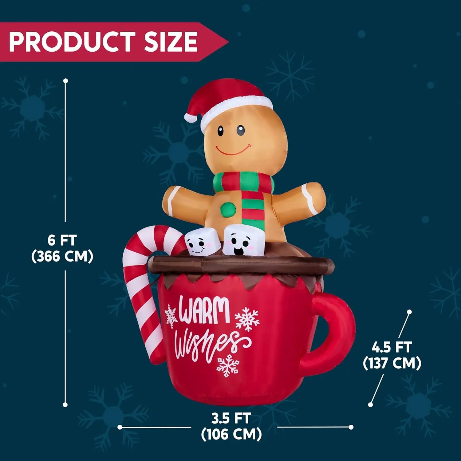 JOYFY 6 FT Tall Christmas Inflatable Gingerbread Man in Hot Cocoa Mug with Build-in LEDs for Xmas Party Outdoor Garden Decor