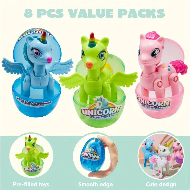 JOYFY 8 Pcs Easter Basket Stuffers with Unicorn Deformation Toys 3.5" Easter Exchange Toy for Toddlers Party Favor