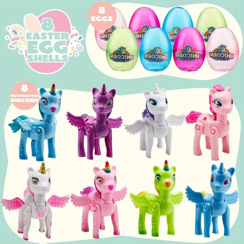 JOYFY 8 Pcs Easter Basket Stuffers with Unicorn Deformation Toys 3.5" Easter Exchange Toy for Toddlers Party Favor