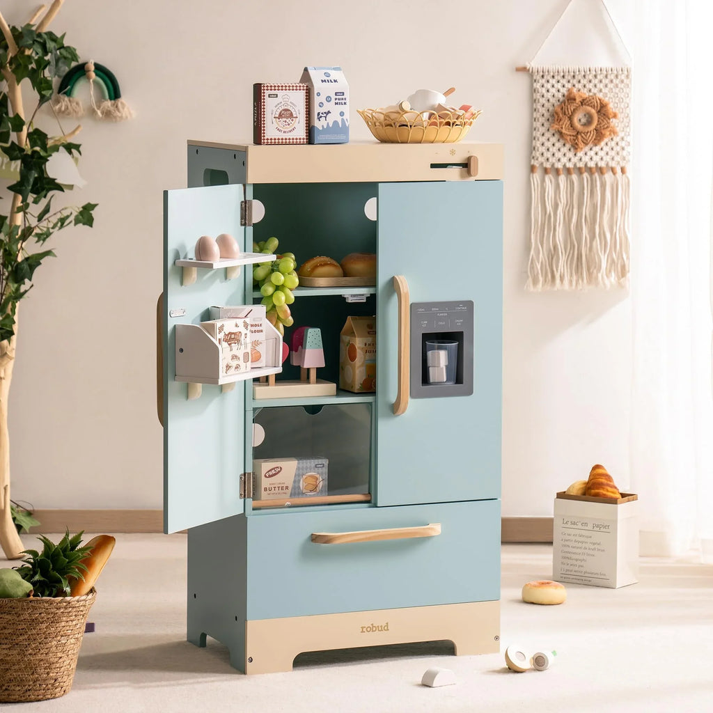Robotime Robud Play Kitchen Fridge Refrigerator with Ice Dispenser Wooden Kids Play Kitchen Playset Toy for Ages 3+Blue