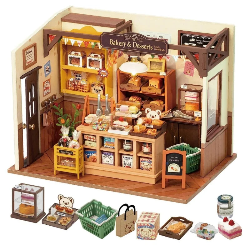 Baking house miniature dollhouse DIY 3D puzzle model kit, detailed build for adults