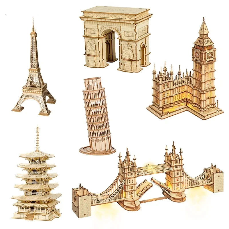 3D wooden landmark puzzle kit featuring Big Ben and Tower Bridge models