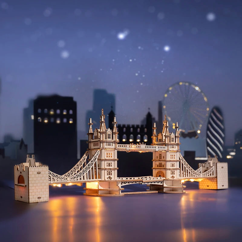 3D wooden landmark puzzle kit featuring Big Ben and Tower Bridge models