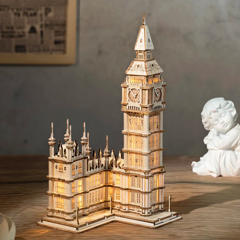 3D wooden landmark puzzle kit featuring Big Ben and Tower Bridge models