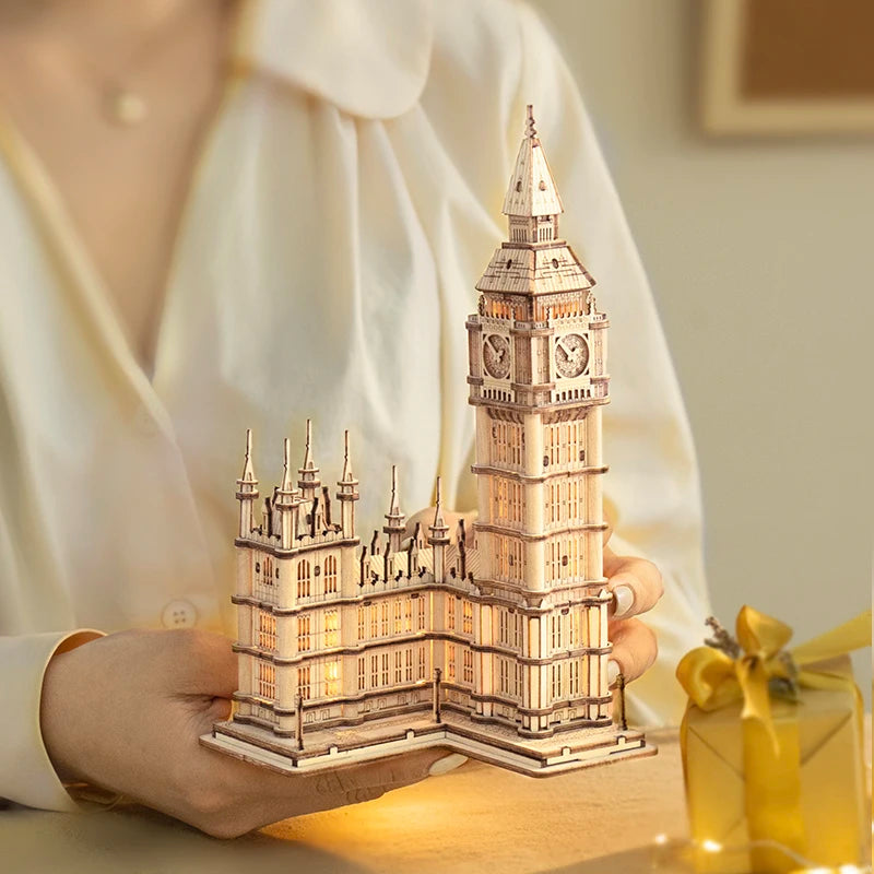 3D wooden landmark puzzle kit featuring Big Ben and Tower Bridge models
