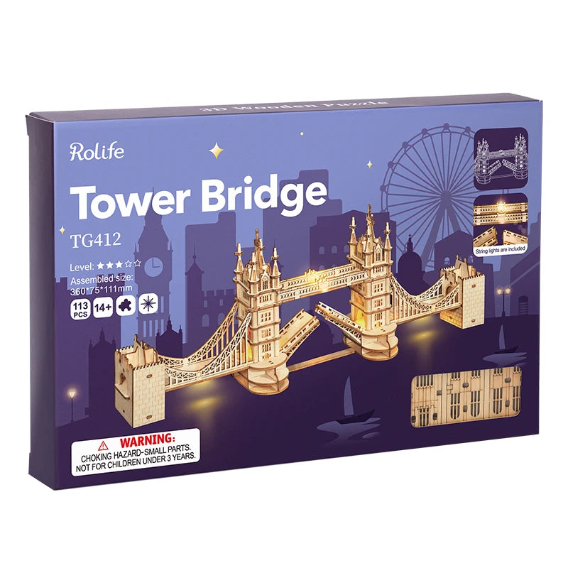 3D wooden landmark puzzle kit featuring Big Ben and Tower Bridge models