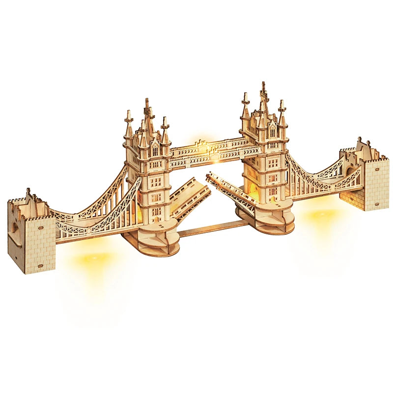 3D wooden landmark puzzle kit featuring Big Ben and Tower Bridge models