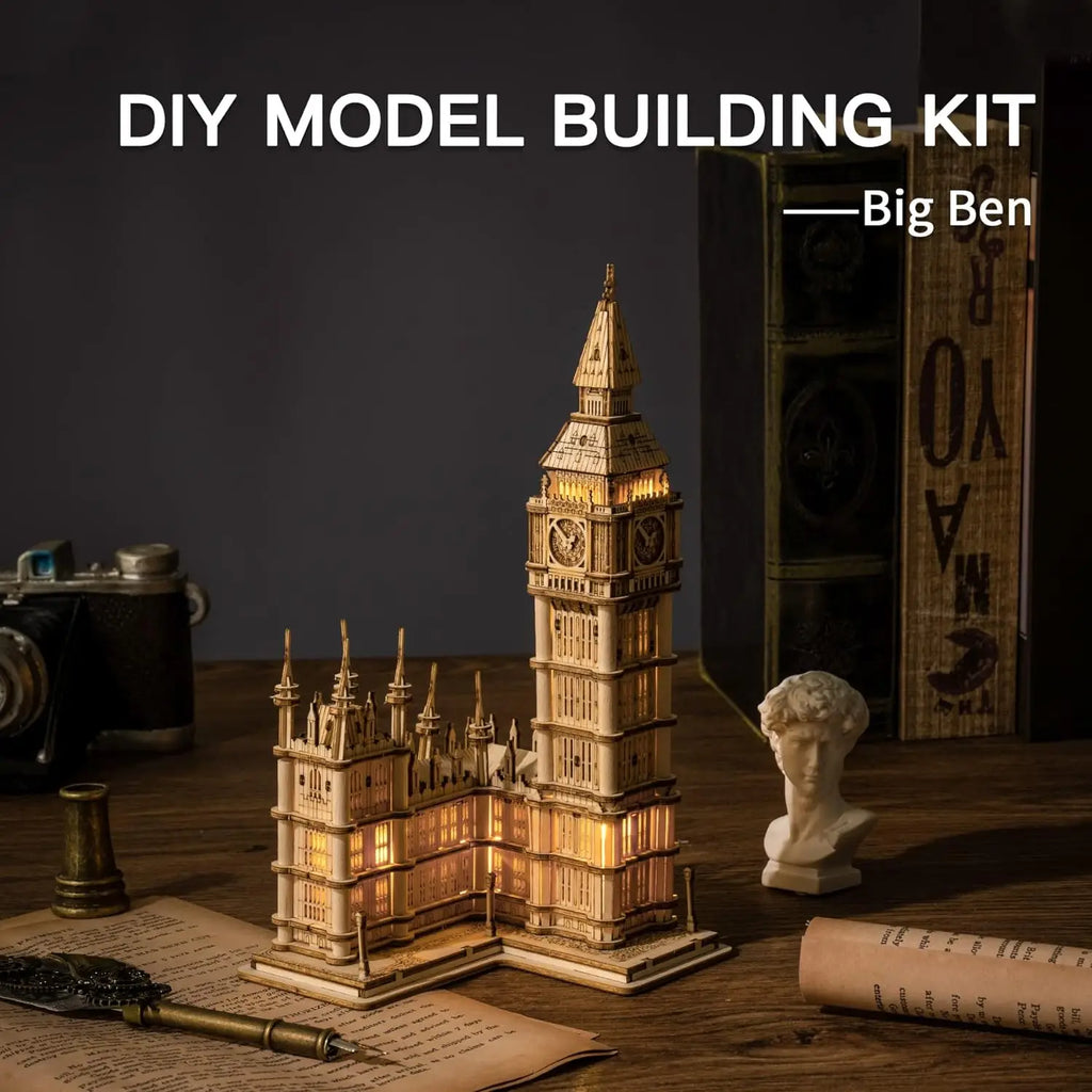 Big Ben and Tower Bridge 3D wooden puzzle landmark model kits with light for adults