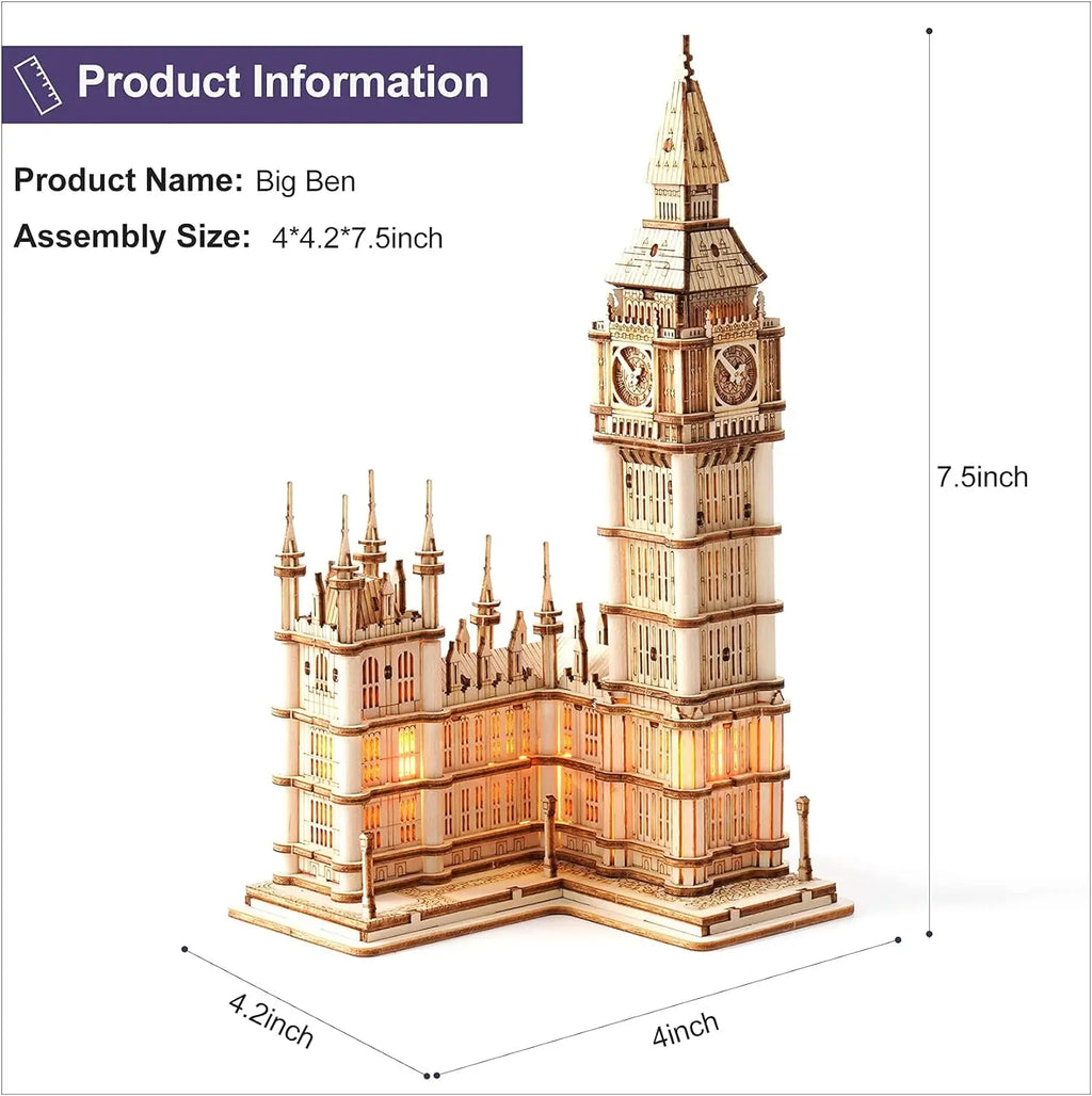 Big Ben and Tower Bridge 3D wooden puzzle landmark model kits with light for adults