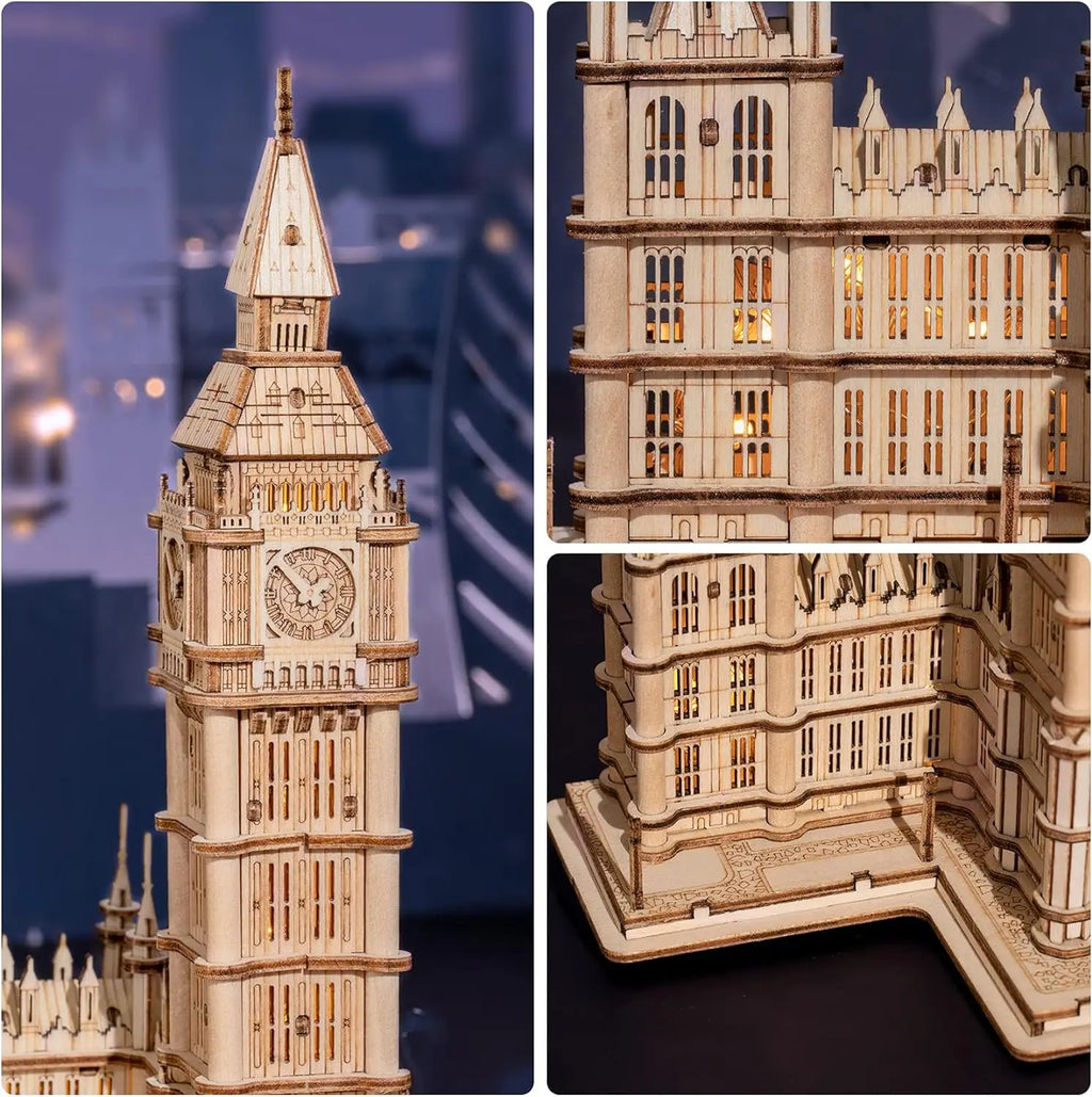 Big Ben and Tower Bridge 3D wooden puzzle landmark model kits with light for adults