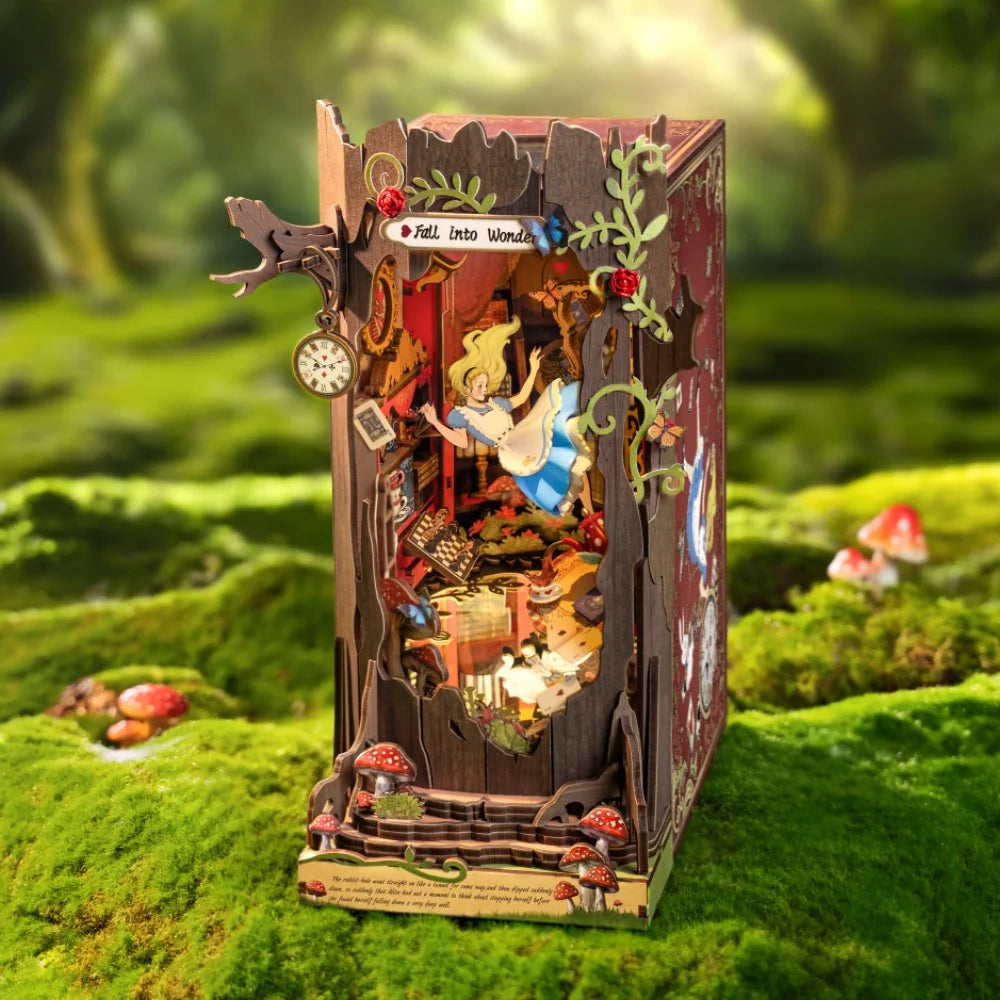 DIY book nook miniature house kit with LED lights, wooden bookshelf insert display