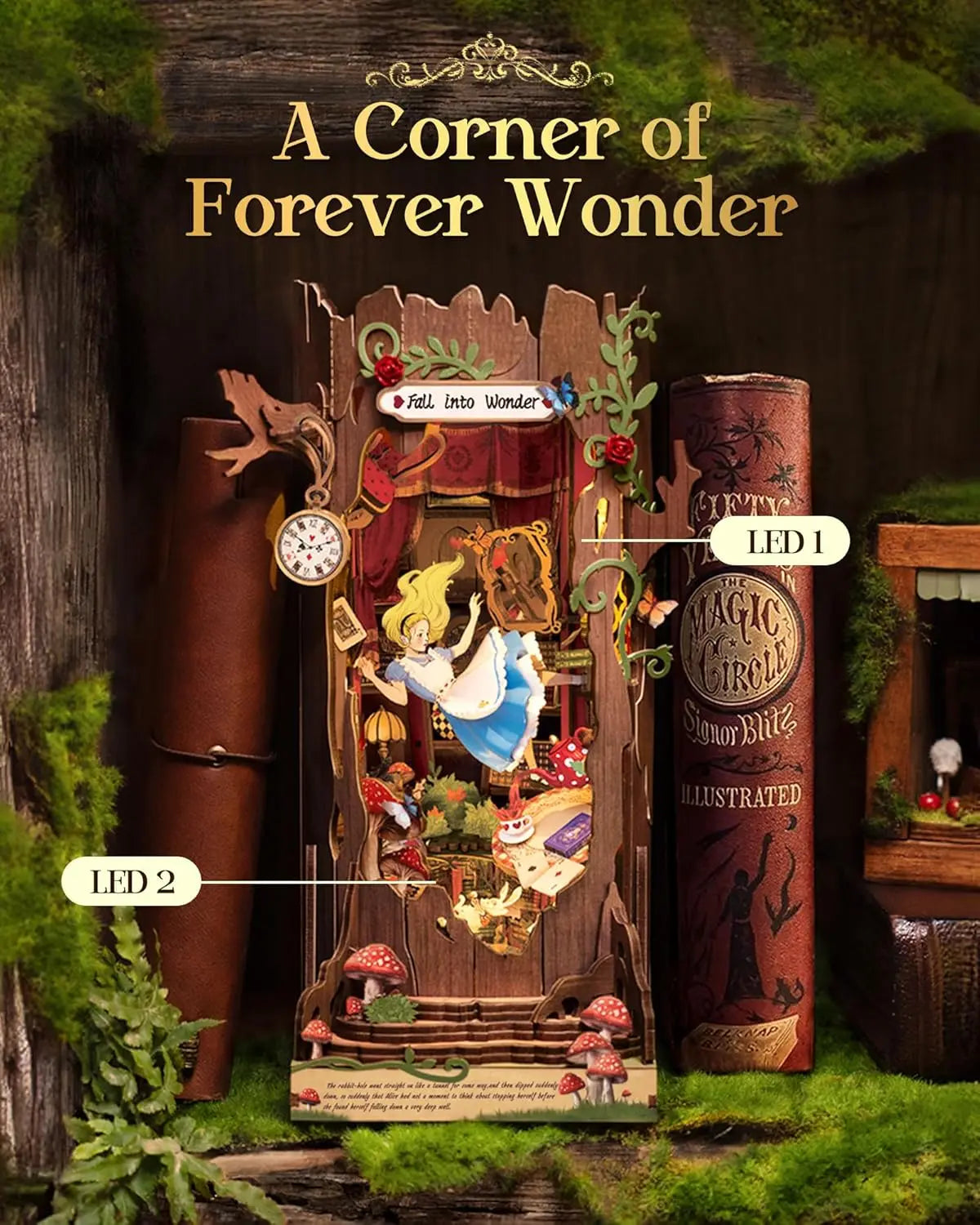 DIY book nook miniature house kit with LED lights, wooden bookshelf insert display
