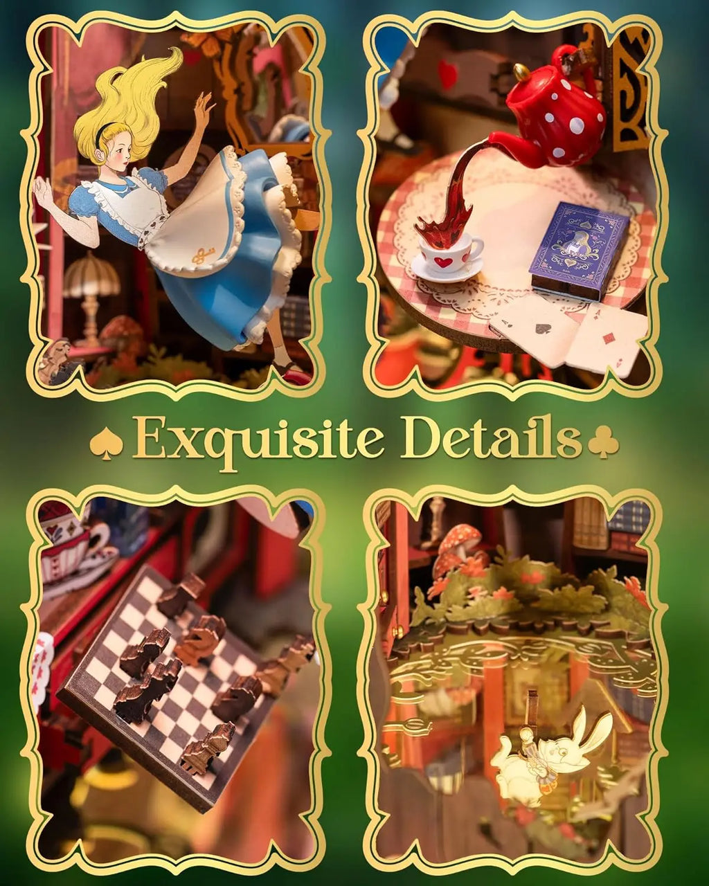 DIY book nook miniature house kit with LED lights, wooden bookshelf insert display