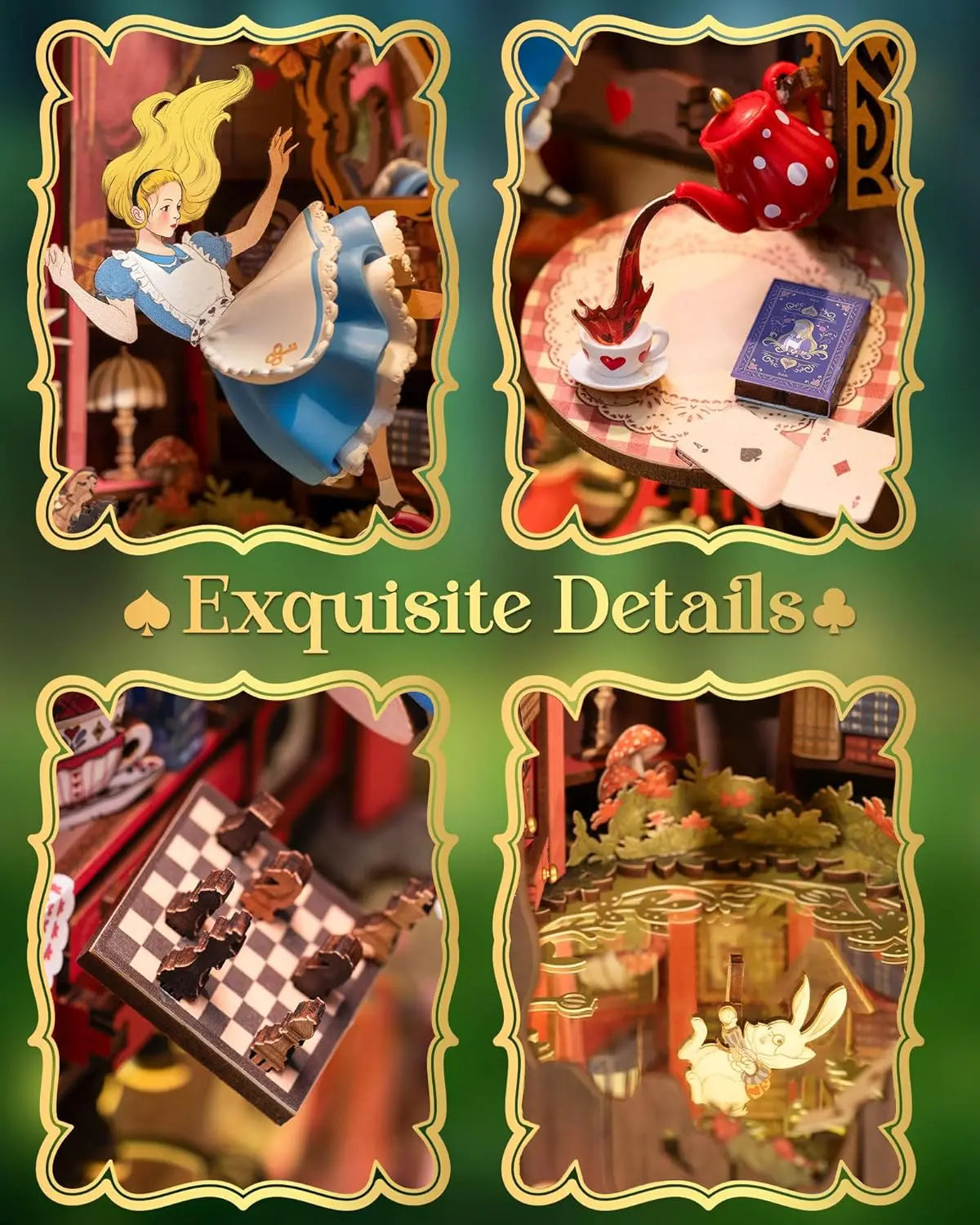 DIY book nook miniature house kit with LED lights, wooden bookshelf insert display