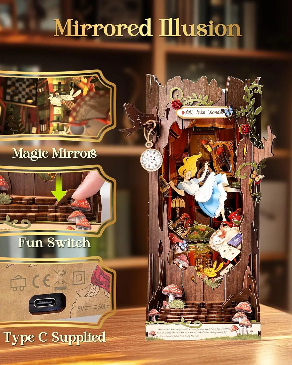 DIY book nook miniature house kit with LED lights, wooden bookshelf insert display