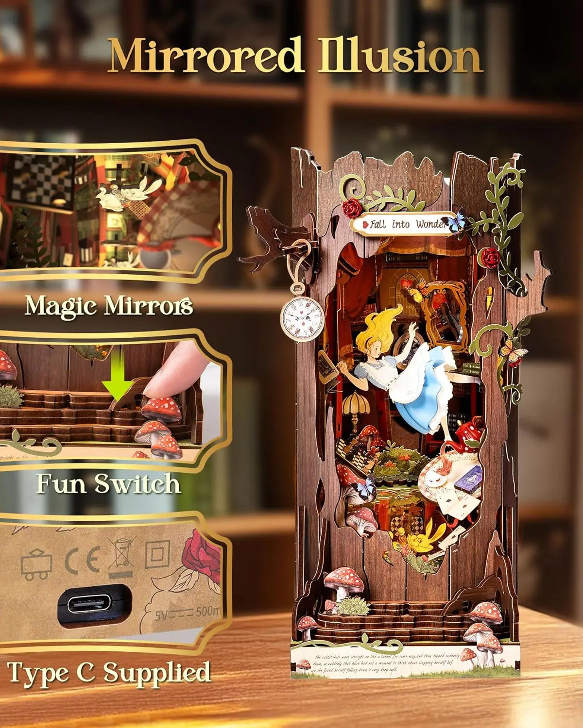 DIY book nook miniature house kit with LED lights, wooden bookshelf insert display